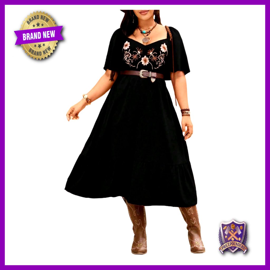 Plus Size Western Maxi Dress Flowy Boho Embroidered Ruffle Short Sleeve